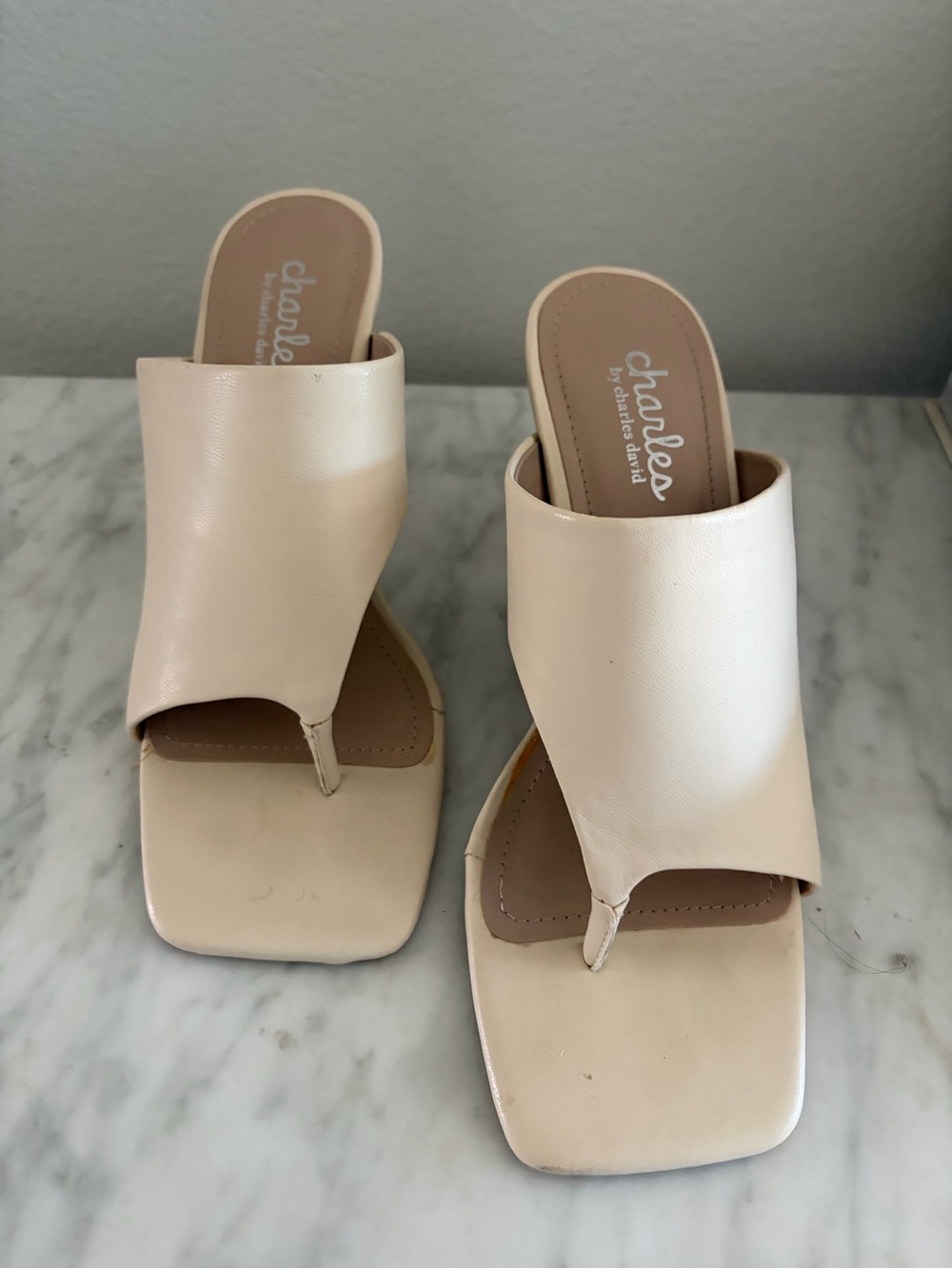 Charles By Charles David Beige Cream Square-Toe Slide Mules